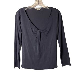 Boden | Navy Blue Twist Front V-Neck Jersey Knit Minimalist Top, Size 8